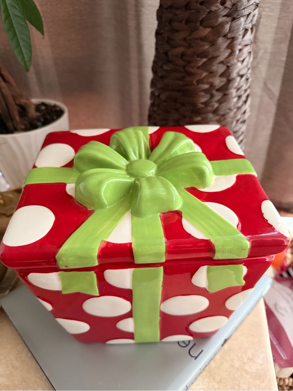 Red Polka Dot Ceramic Gift Box with Lime Green Bow - Party Favor